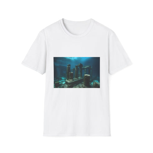 Charcoal cotton T-shirt with sunken civilization graphic evocative and mysterious