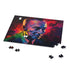 Vibrant neon watercolor Oppenheimer puzzle for art and history enthusiasts.