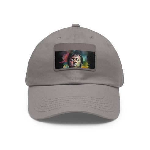 Neon watercolor baseball cap with light brown patch in rectangle shape.
