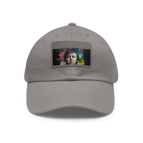 Neon watercolor Paul McCartney baseball cap in white with light brown patch.
