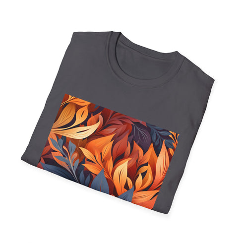 Charcoal cotton T-shirt with autumnal tapestry design in nature's vibrant hues