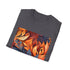 Charcoal cotton T-shirt with autumnal tapestry design in nature's vibrant hues