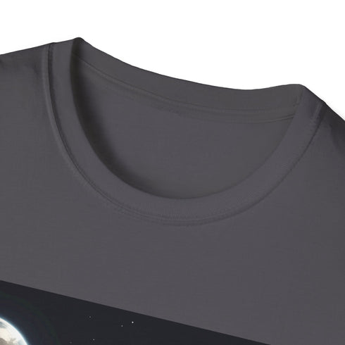 Charcoal T-shirt with vibrant watercolor earth graphic on front