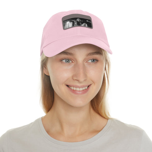 White rectangle cotton snapback hat with light brown patch featuring Dua Lipa.