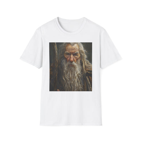 Charcoal crew neck T-shirt featuring vibrant Gandalf portrait in soft cotton