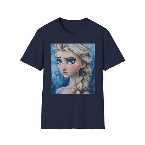 Charcoal cotton T-shirt featuring vibrant Elsa painting with crew neck design