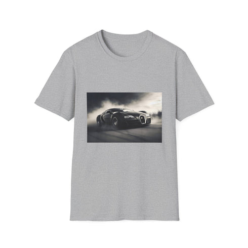 Charcoal cotton T-shirt with vibrant Bugatti racing graphic evokes speed and thrill