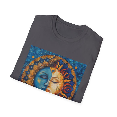 Charcoal cotton t-shirt with intricate mandala sun and moon design