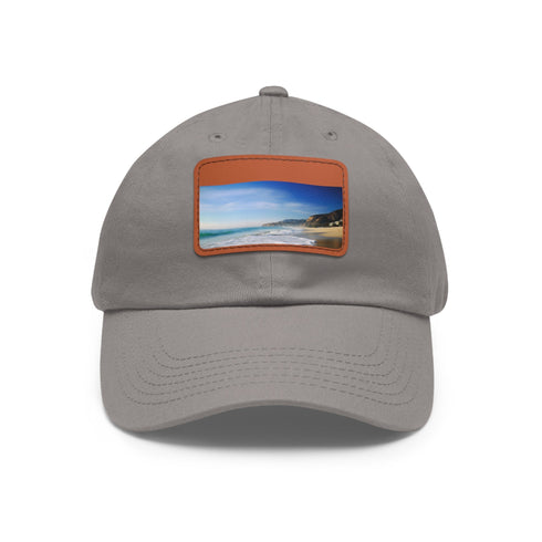 Malibu Dreamin white baseball cap with light brown beach patch.