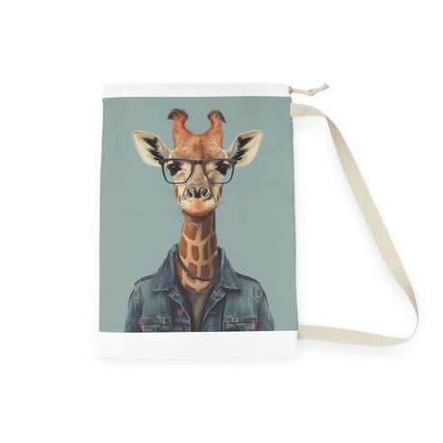 Giraffe Hipster Laundry Bag with trendy glasses design for laundry routine.