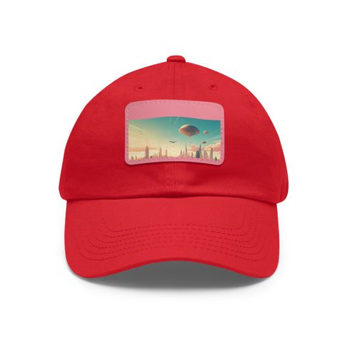 Futuristic city skyline white cap with light brown rectangle patch.