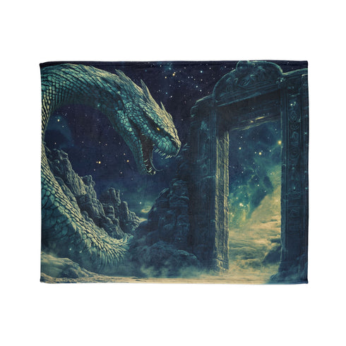 Cosmic Serpent Guarding Starlit Gate Plush Fleece Throw Blanket