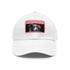 White cotton baseball hat with collie charm patch.