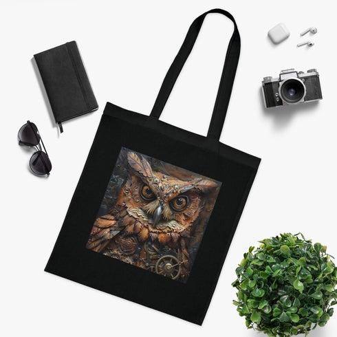 Mechanical Owl Black Cotton Tote Bag - Steampunk Owl Design