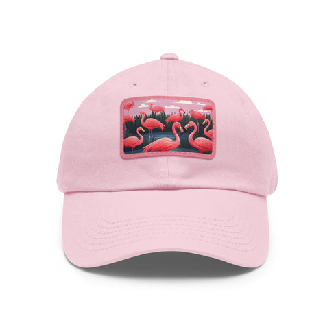 Flamboyant Flamingo Print Baseball Cap in White with Light Brown Patch