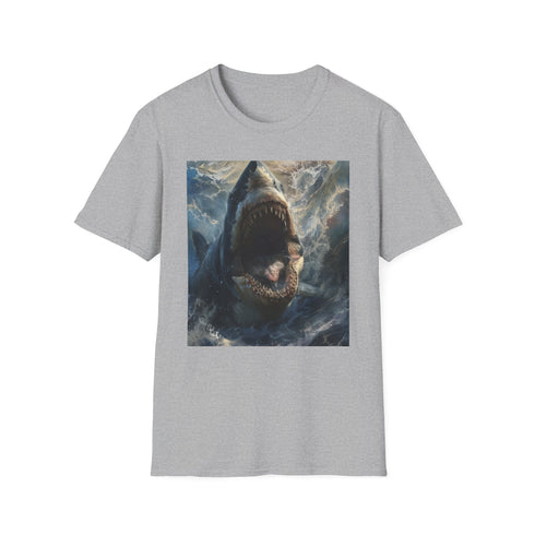 Charcoal crew neck t-shirt with vibrant Megalodon painting regular fit cotton