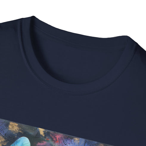 Charcoal cotton t-shirt with vibrant bohemian feather design and crew neck