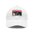 White cotton baseball cap featuring light brown patch with rectangle shape.