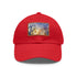 Eiffel Tower watercolor baseball cap in white with light brown patch.