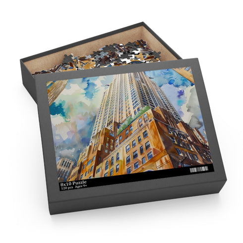 Watercolor puzzle of iconic Chrysler Building in New York City skyline.