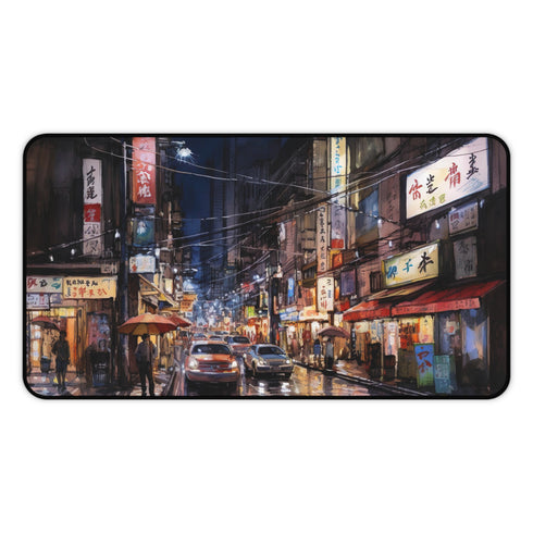 Tokyo Night desk mat with city skyline under starry sky - workspace decor