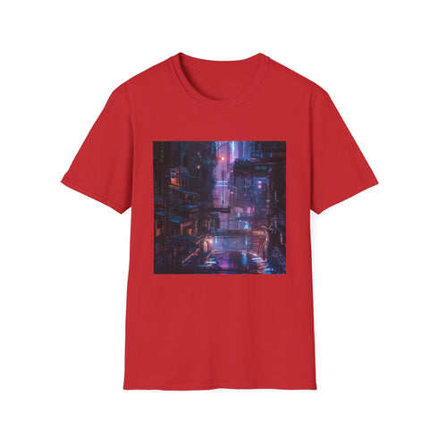 Cyberpunk neon landscape charcoal t-shirt with futuristic cityscape pattern