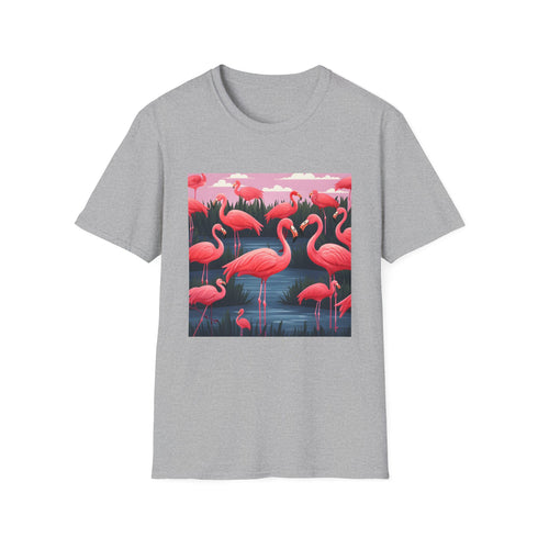 Charcoal Flamingo Flock graphic tee with pink tropical elegance design cotton fabric
