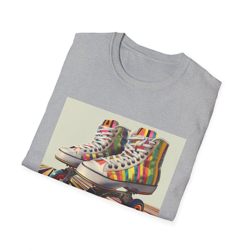 Retro roller skate striped charcoal t-shirt - men's/women's regular fit.