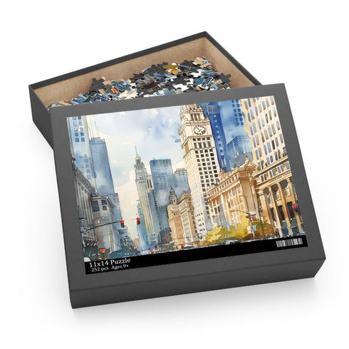 Chicago city watercolor jigsaw puzzle, 10" x 8" with 120 pieces.