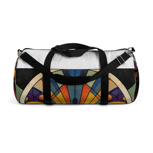 Art Deco-inspired duffel bag with bold print, perfect for stylish travelers.