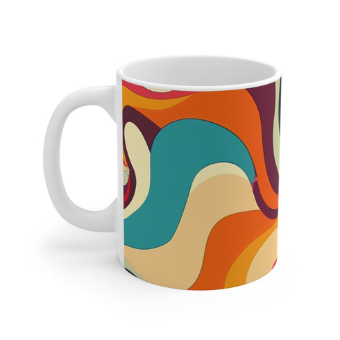 Vibrant ceramic coffee mug with retro waves pattern.