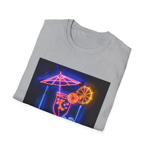 Charcoal crew neck cotton t-shirt with vibrant neon tropical cocktail design