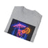 Charcoal crew neck cotton t-shirt with vibrant neon tropical cocktail design