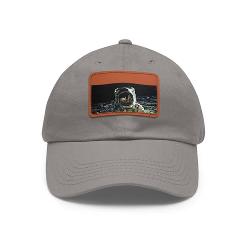 Space-themed white baseball cap with light brown patch for galactic adventures.