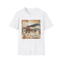 Charcoal crew neck t-shirt with vintage airplane and travel stamps design