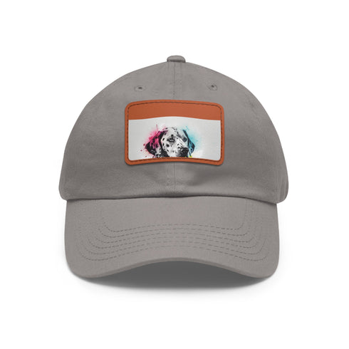 Dalmatian print baseball hat with light brown patch and rectangle shape.