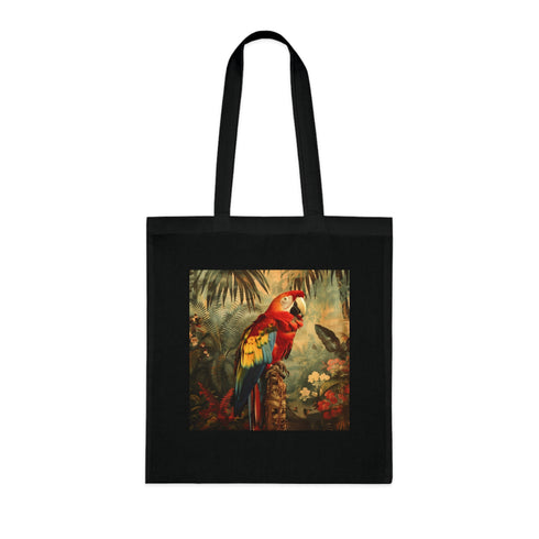 Colorful parrot surrounded by lush tropical foliage on black tote bag.