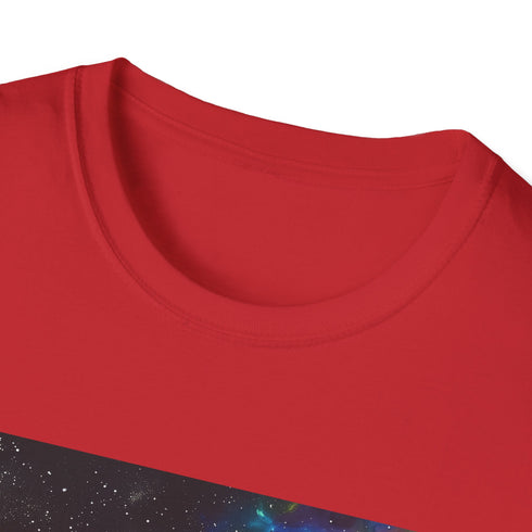 Charcoal cotton T-shirt with vibrant neon space galaxy graphic design