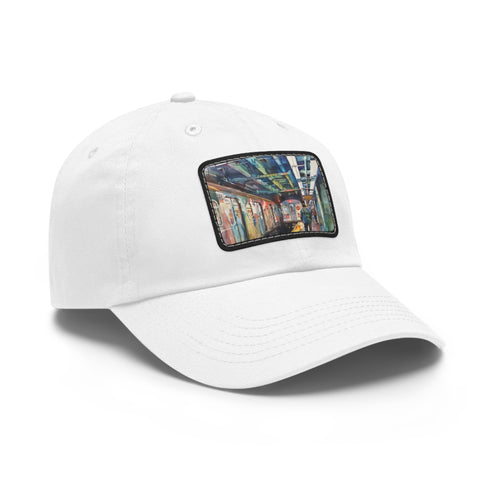 New York Subway watercolor snapback cap in white with light brown patch.