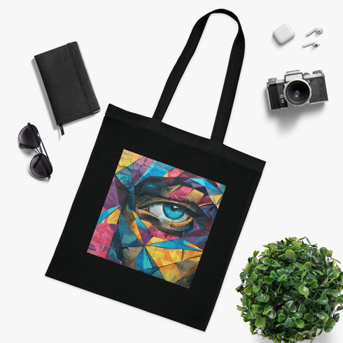 Graffiti-inspired black cotton tote bag, urban jungle design.