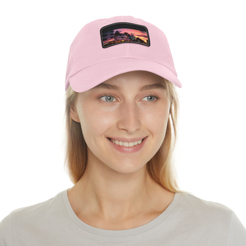Miami sunset horizon baseball cap with white light brown rectangle patch.