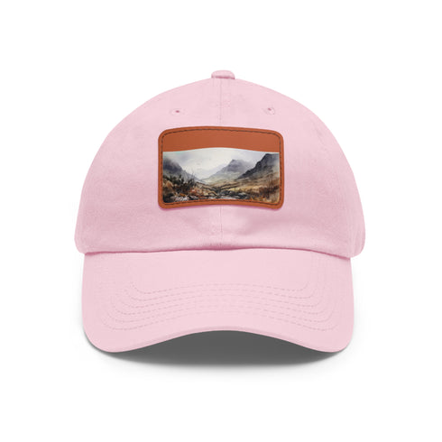 Highland landscape baseball cap in white with light brown patch.
