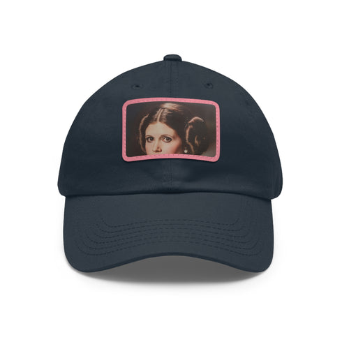 Galactic Princess Leia embroidered white baseball cap with light brown patch.