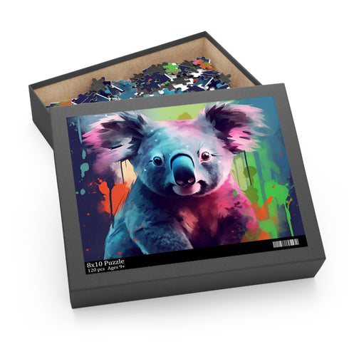 Adorable koala watercolor jigsaw puzzle, vibrant colors, intricate details, animal lovers.