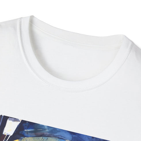 Charcoal T-shirt with underground watercolor design showcasing vibrant London Tube stations