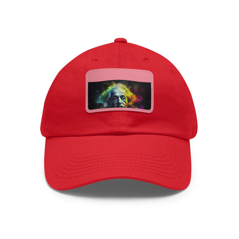 Vibrant white cotton baseball cap with neon Einstein portrait.