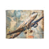 Vintage travel vibes blanket with airplane and colorful stamps design.