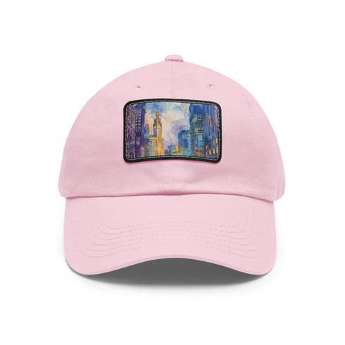 Vibrant Chicago skyline watercolor cap, white with light brown patch.