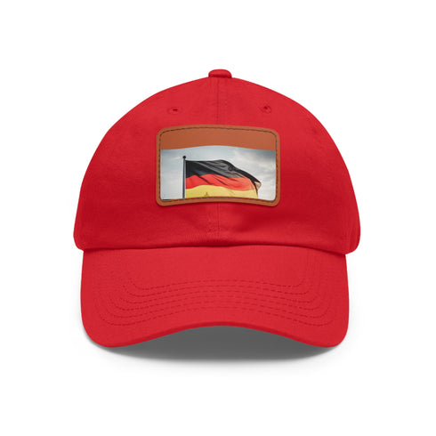 German flag colors baseball cap with light brown patch, rectangle shape.