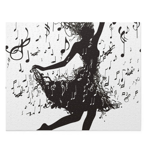 Dancer silhouette puzzle surrounded by musical notes.